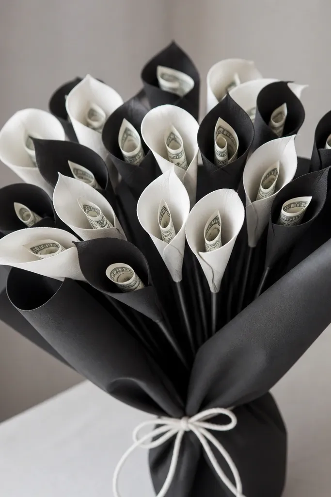 A monochrome bouquet of small black and white calla lily shapes on thin stems. Folded bills are placed inside each lily curve, and the arrangement is wrapped in black craft paper with white twine.