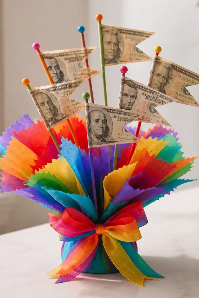 A small bouquet wrapped in rainbow tissue confetti. Several thin paper flags hold folded bills like pennants, attached to colorful skewers and tied with a bright bow.
