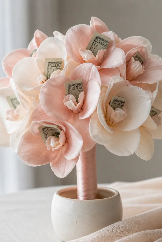A compact orchid-style bouquet with layered fabric petals in blush and cream. Each flower has a small pocket where a folded bill peeks out. The stems are wrapped in satin ribbon and placed in a small ceramic holder.