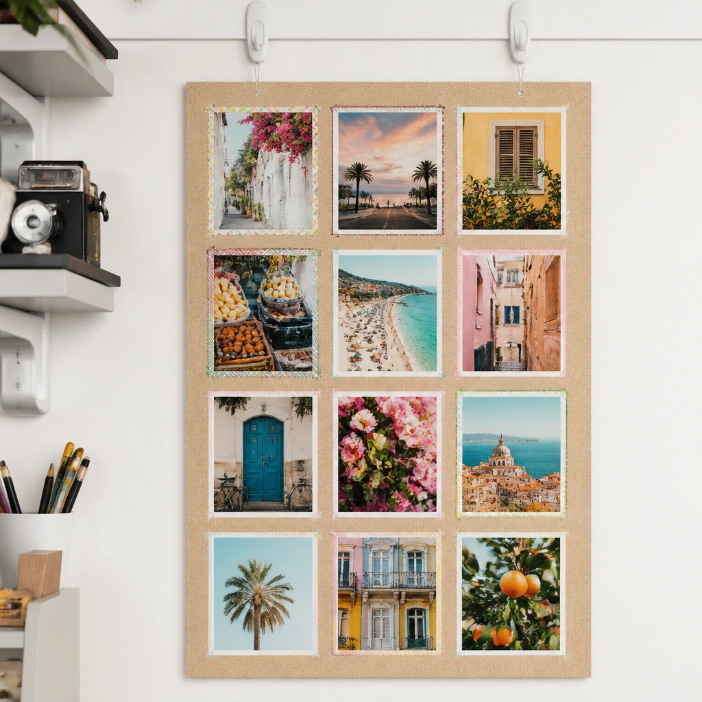 An 18x24 inch cork or foam board hanging from a rail of Command hooks, with a clean 3x4 grid of printed photos, each bordered by washi tape in matching colors.