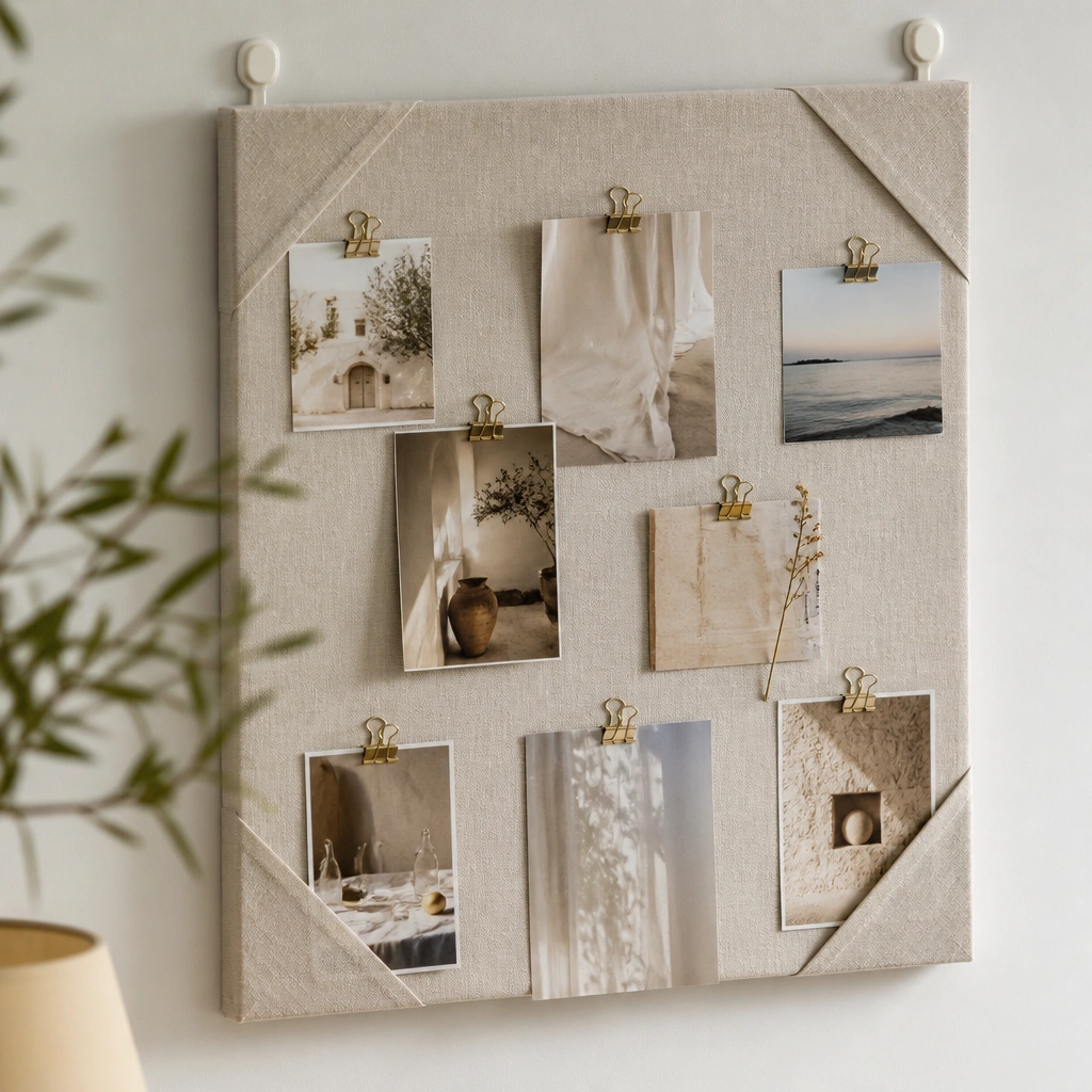 A piece of linen-look fabric stretched in a simple frame, with corner pockets and small binder clips holding magazine-cut photos; the board is attached with removable hooks and looks soft and airy.
