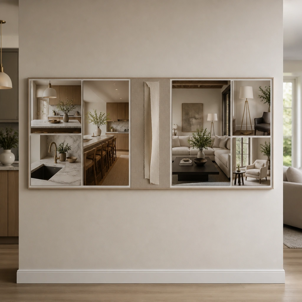 A long horizontal board on a narrow wall divider: left side shows warm kitchen styling photos, right side shows living room seating and lighting photos; a ribbon line in the middle labels “transition.”