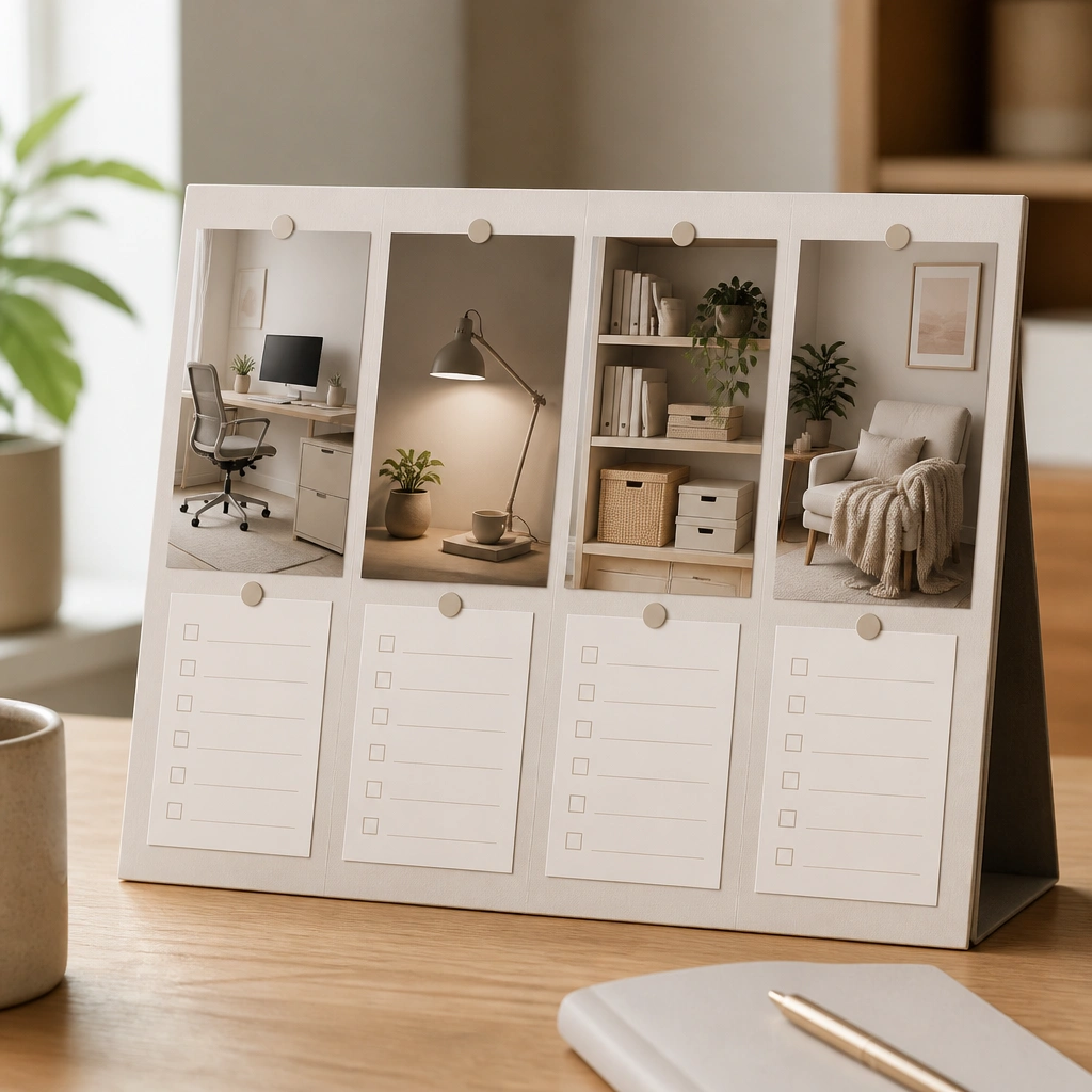 A small desk-sized vision board on a foldable stand: four labeled sections for “work setup,” “lighting,” “storage,” and “cozy.” Each section has a single larger photo with a smaller checklist card below.