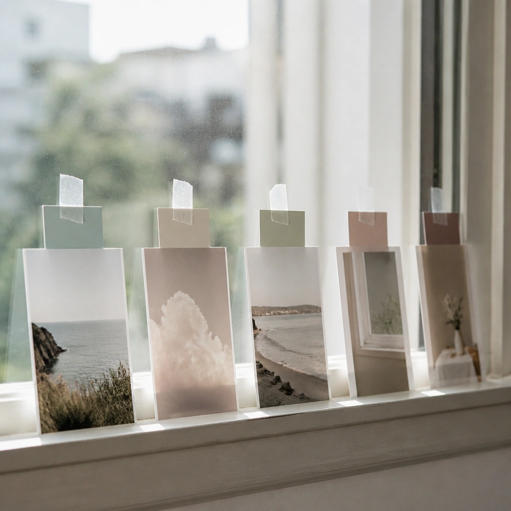 A row of clear tape-backed photo cards taped along a window sill, with small color swatches tucked behind each card; daylight makes the photos glow.