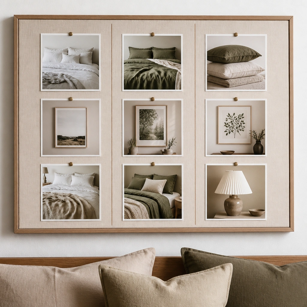 A small board mounted behind a bed headboard area: three columns labeled “before,” “after,” and “must buy,” with bedding and wall art photos in each column.