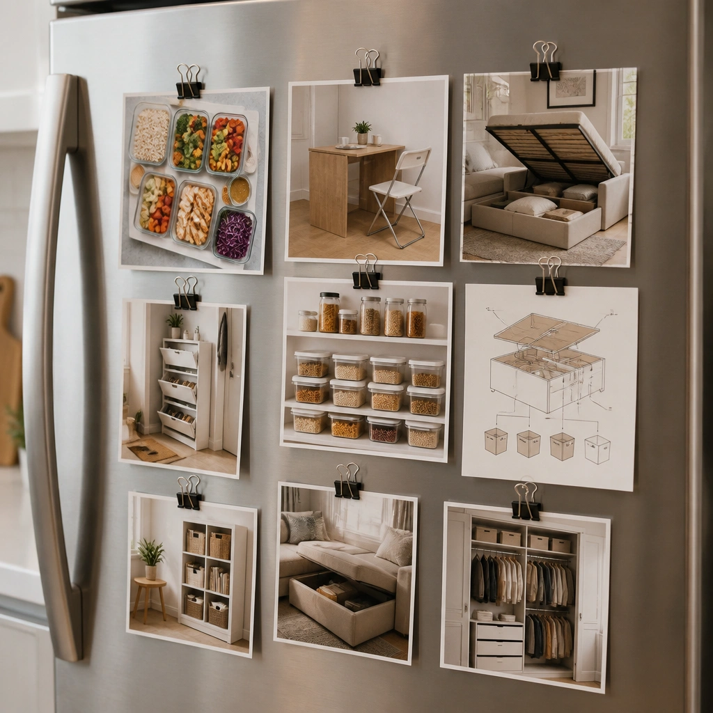 A magnet board on a stainless fridge with a neat collage: meal prep visuals, compact furniture ideas, and a tiny storage diagram; all photos are clipped with mini binder clips.