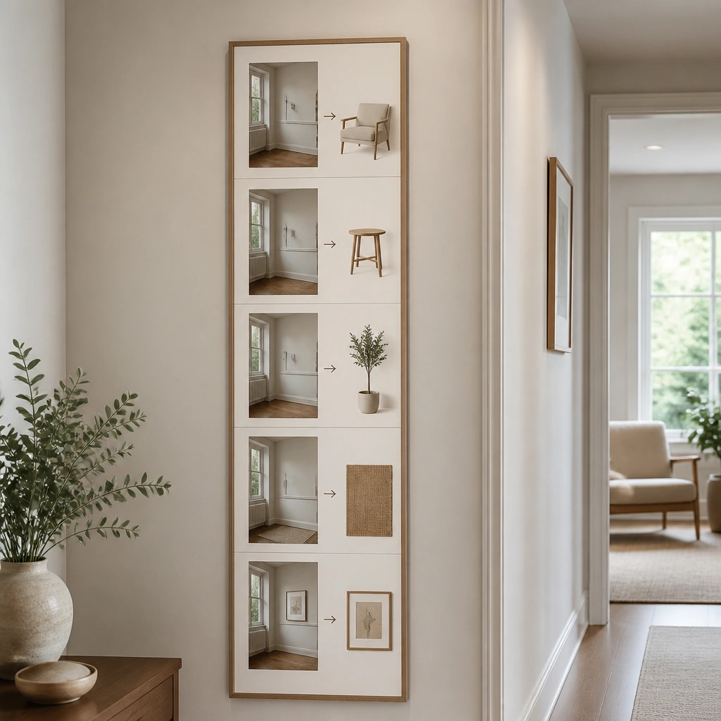 A narrow vertical board running down a hallway wall: stacked photo cards with consistent margins, plus small arrows showing furniture placement line-by-line.