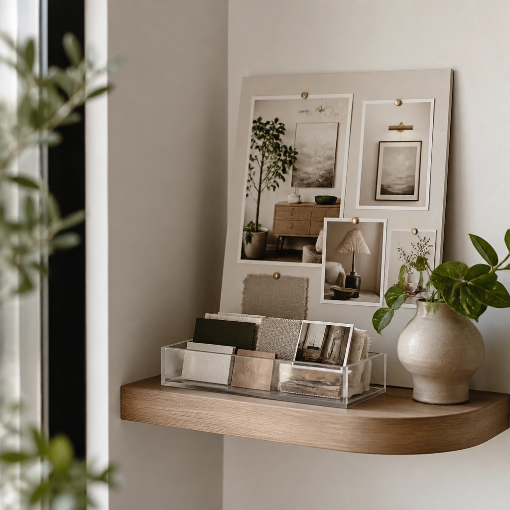 A floating corner shelf with a small board leaned behind it, showing photos of wall art, plants, and lighting; a clear acrylic tray holds swatches and tiny printed cards.