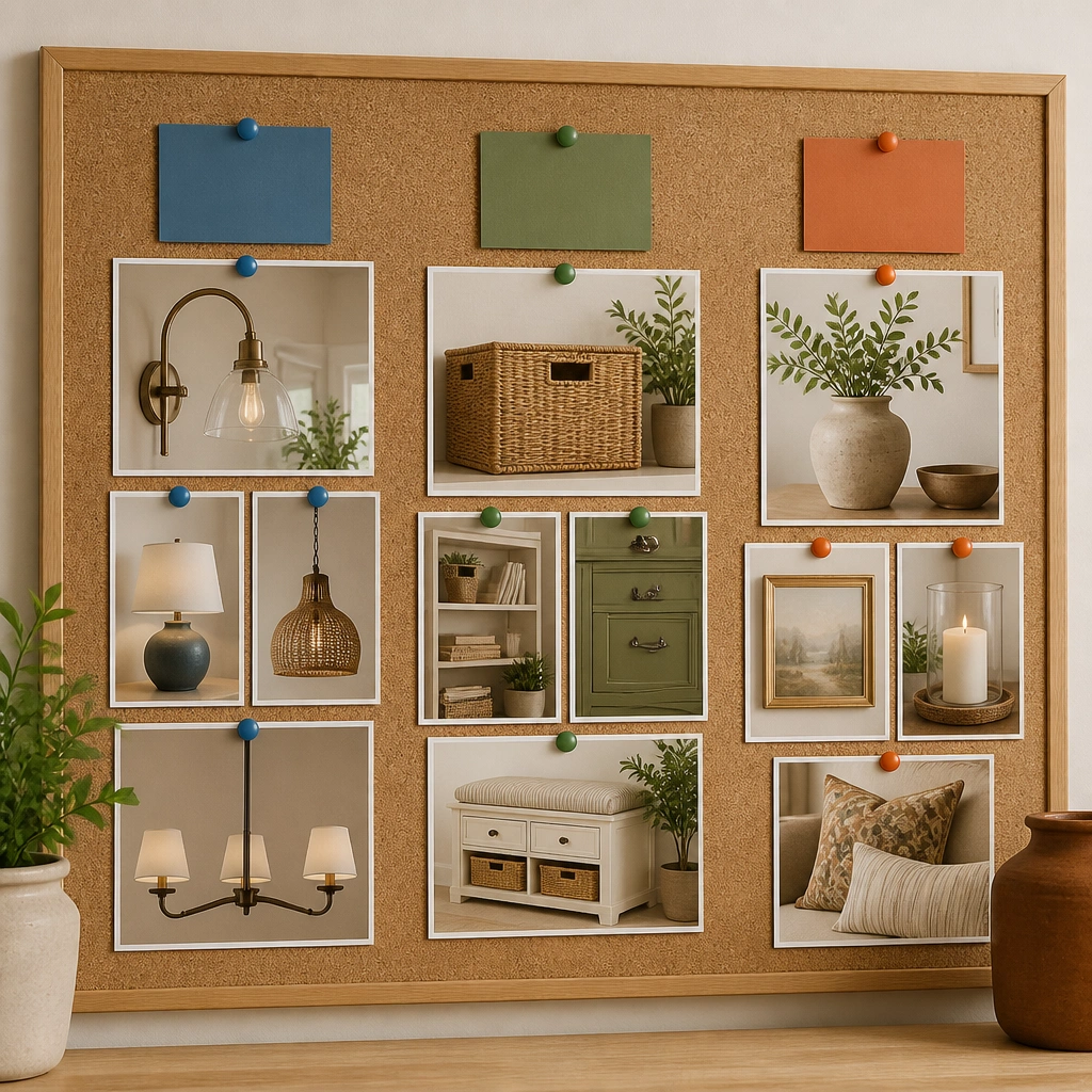 A corkboard with three clean clusters: blue pins for lighting, green pins for storage, orange pins for decor; each cluster has a small caption card and photos are grouped by category.