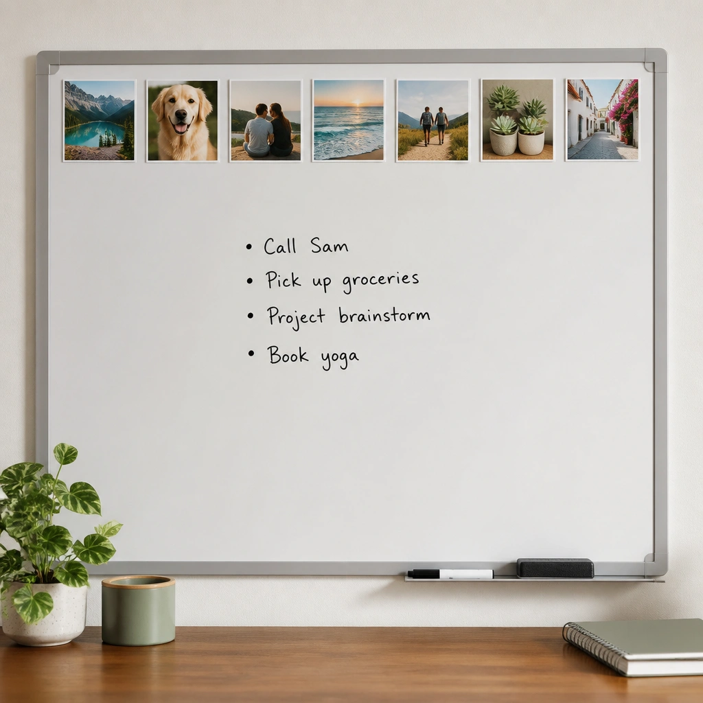 A magnetic dry-erase board with removable photo magnets along the top edge, plus handwritten notes in the center; the photos are arranged like a header strip.