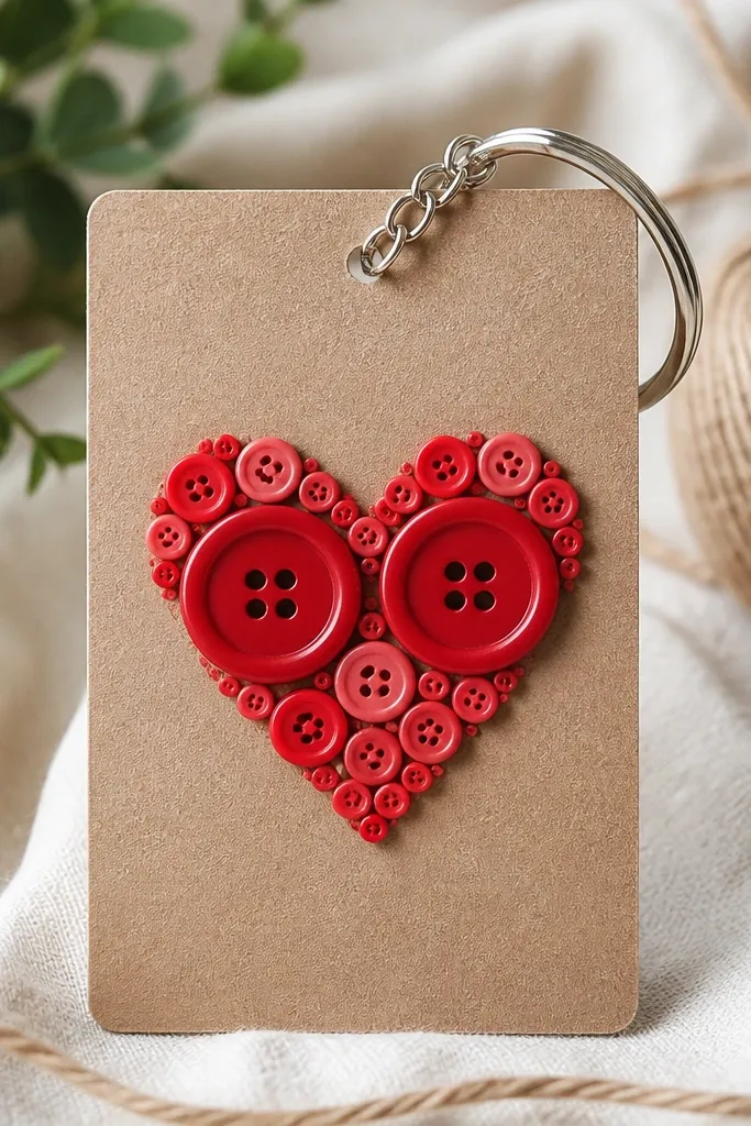 A 4x6 card with a simple red heart made from two big buttons and several small buttons, plus a keychain ring attached at the top, all on a kraft-paper background.
