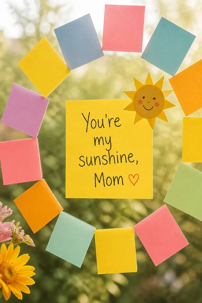 Colorful sticky notes arranged like a sunburst on a window, with a handwritten message in the center reading “You’re my sunshine, Mom” and a small paper sun cutout.
