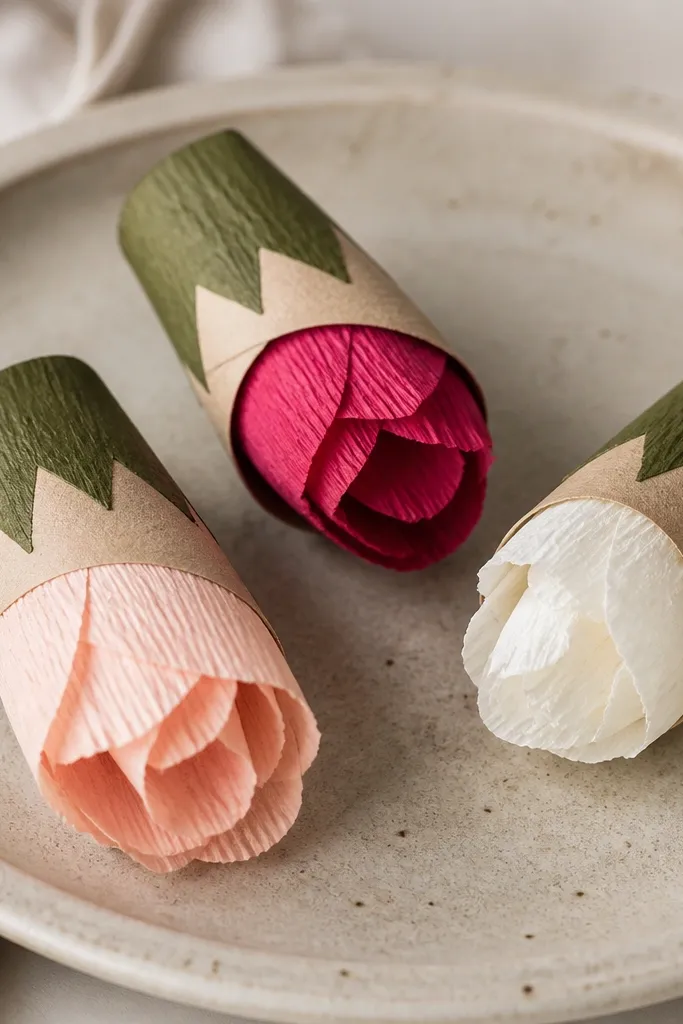 Three small rolled cardboard flower buds on a tray, each made from a flattened toilet paper roll with crepe paper petals and a painted green base.