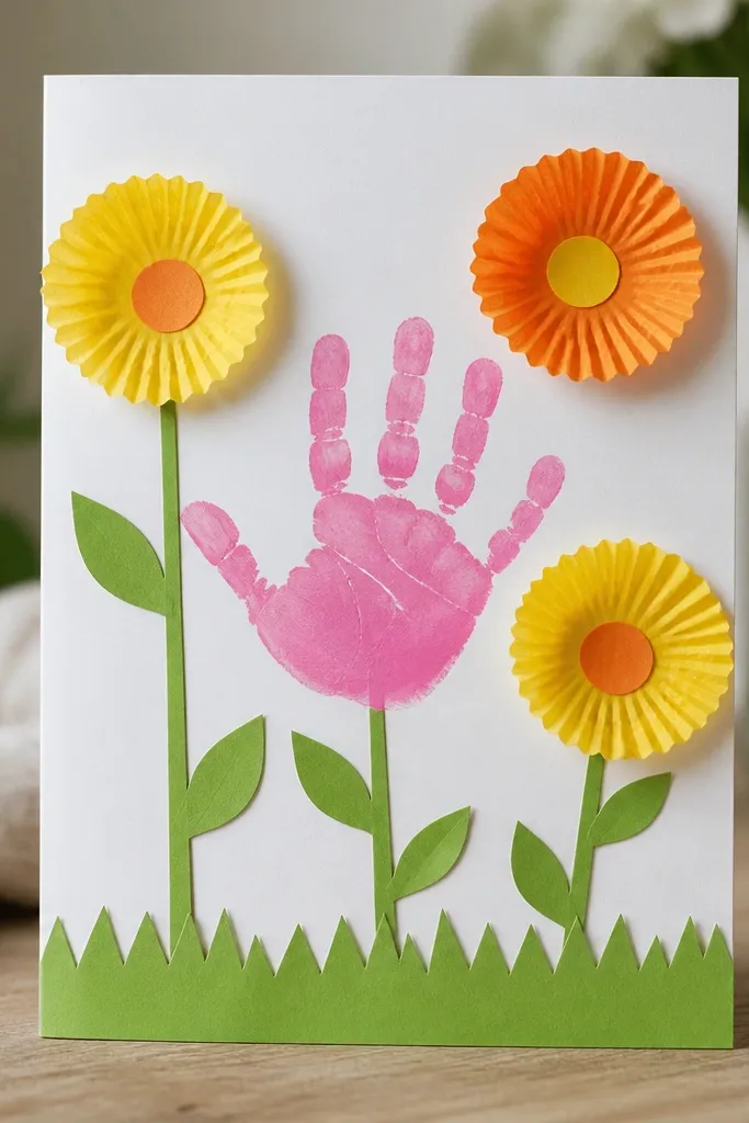 A small white card featuring a child’s handprint in pink ink, surrounded by cupcake liner flowers in yellow and orange, with a green paper stem border.