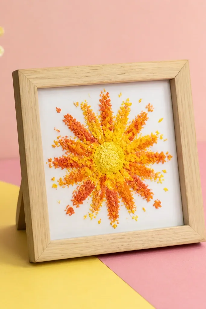 A small tabletop frame with a sunburst made from tiny melted crayon shavings in bright yellow and orange, on a pastel paper background.