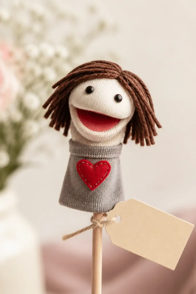 A tiny sock puppet character attached to a wooden stick with felt hair, a heart stitched on the chest, and a small “Happy Mother’s Day” tag.