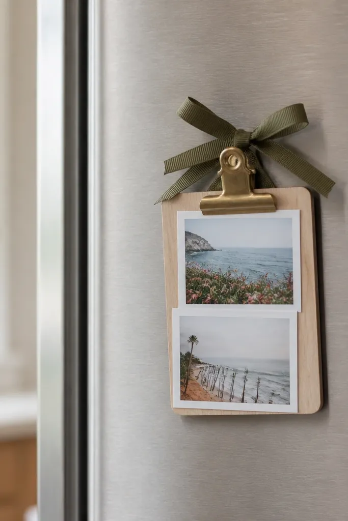 A mini clipboard holding two small printed photos, with a magnet on the back and a ribbon tied at the top, shown against a refrigerator.