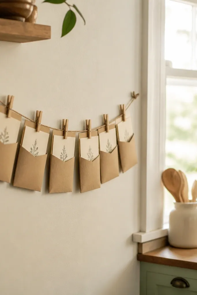 A small fold-flat banner made of cardboard pockets, each labeled with a handwritten note and closed with a clothespin, shown on a kitchen wall near a window.