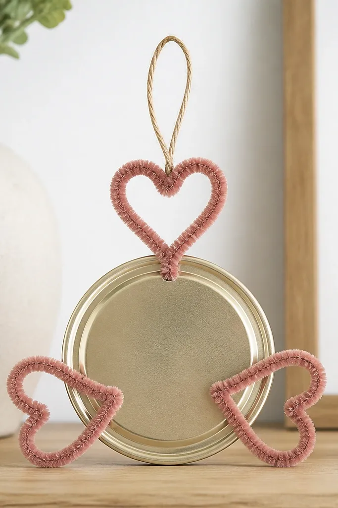 A jar lid used as a base with three pipe cleaner hearts attached around the edges, plus a small loop at the top for hanging, photographed on a shelf.