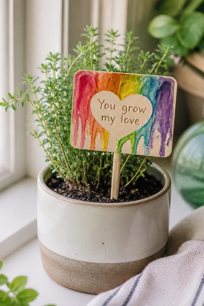 A small plant tag made from cardstock with a melted crayon message reading “You grow my love,” placed in a tiny pot of herbs on a windowsill.