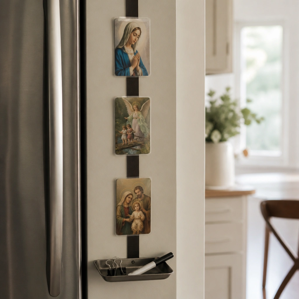 A narrow strip next to a fridge painted in matte off-white. Thin magnetic tape holds small laminated prayer cards. A tiny metal tray at the bottom holds binder clips and a dry-erase marker.