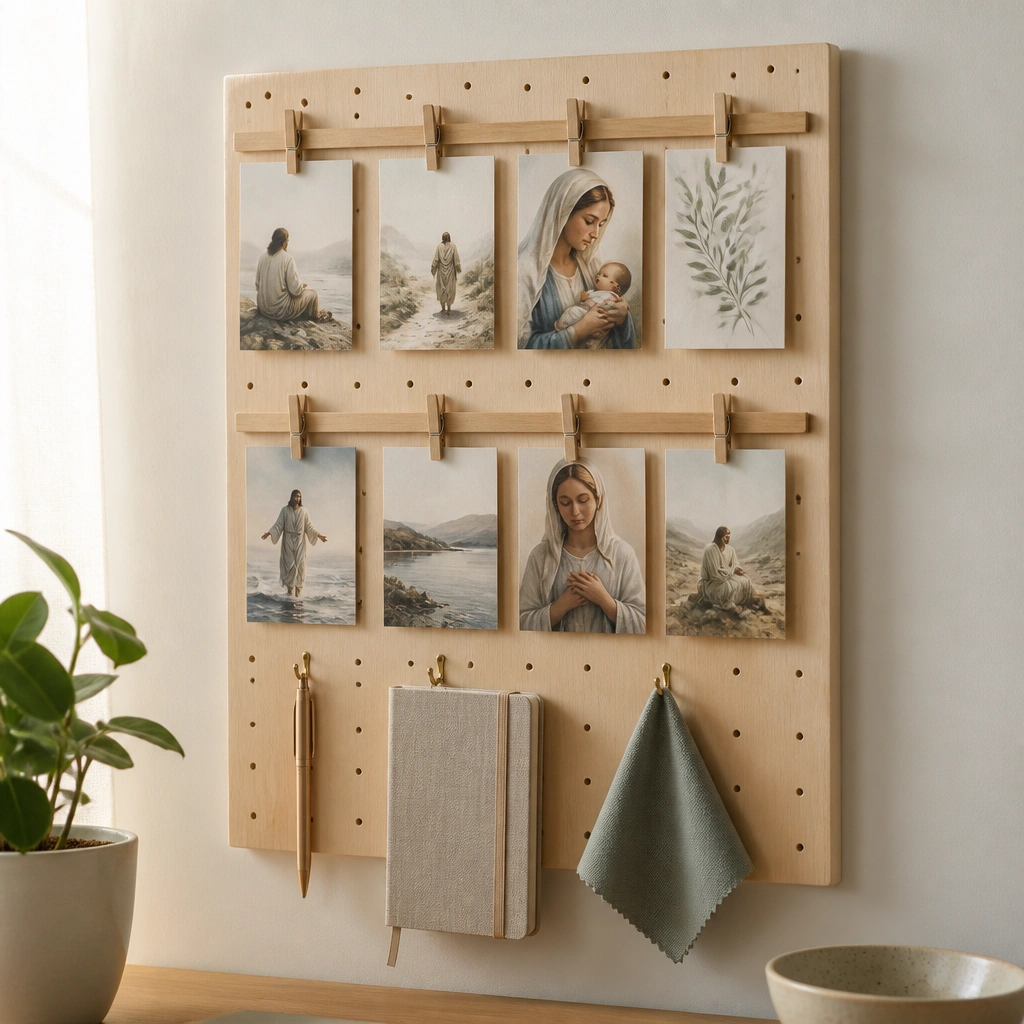 A 12x16 inch light-wood pegboard mounted on a wall with two horizontal clip rails. Prayer cards hang from mini clothespins. Small hooks hold a pen, a small prayer journal, and a microfiber cloth.