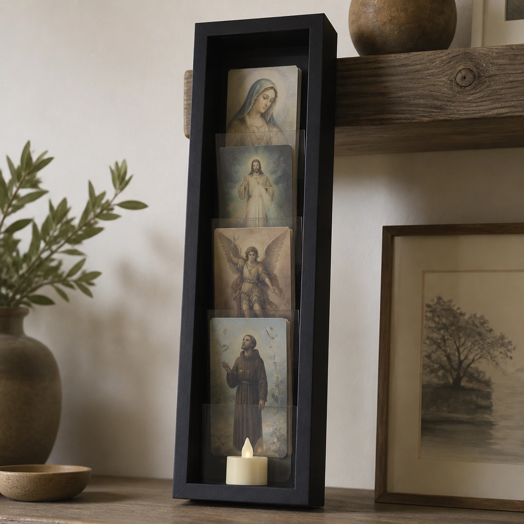 A narrow black shadow box frame leaning against a wall shelf. Inside, small stacked prayer cards slide behind a thin acrylic divider. A small candle-size LED sits at the bottom edge.