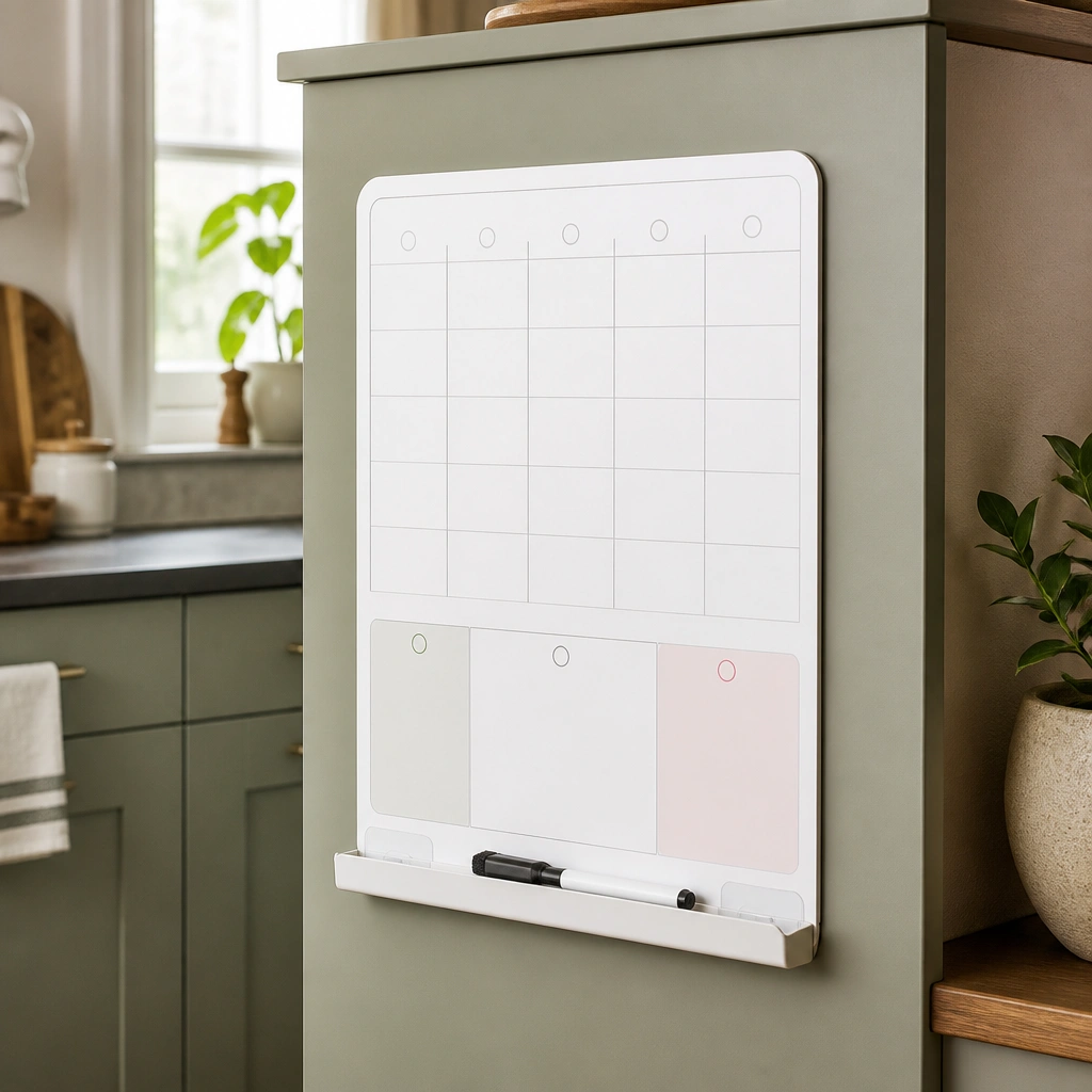 A small rectangular board attached to the side of a kitchen cabinet in matte sage. A dry-erase marker tray is taped at the bottom. The board has a weekly grid with “Today/This Week/Thanks” sections.