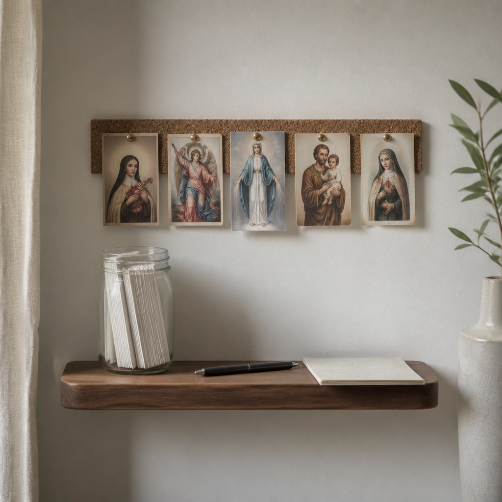 A narrow horizontal cork strip mounted above a tiny floating shelf. Prayer cards are pinned along the cork, and the shelf holds a small jar of index cards, a pen, and a folded prayer list.