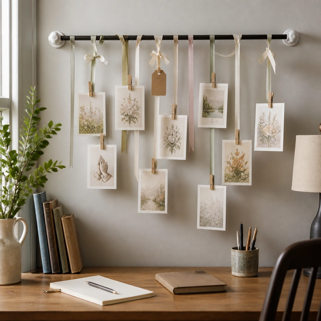 A curtain rod installed with tension mounts above a desk. Several ribbons hang down with clothespins holding prayer cards. Small tags labeled “Prayer Requests” and “Praise” are tied to the ribbons.