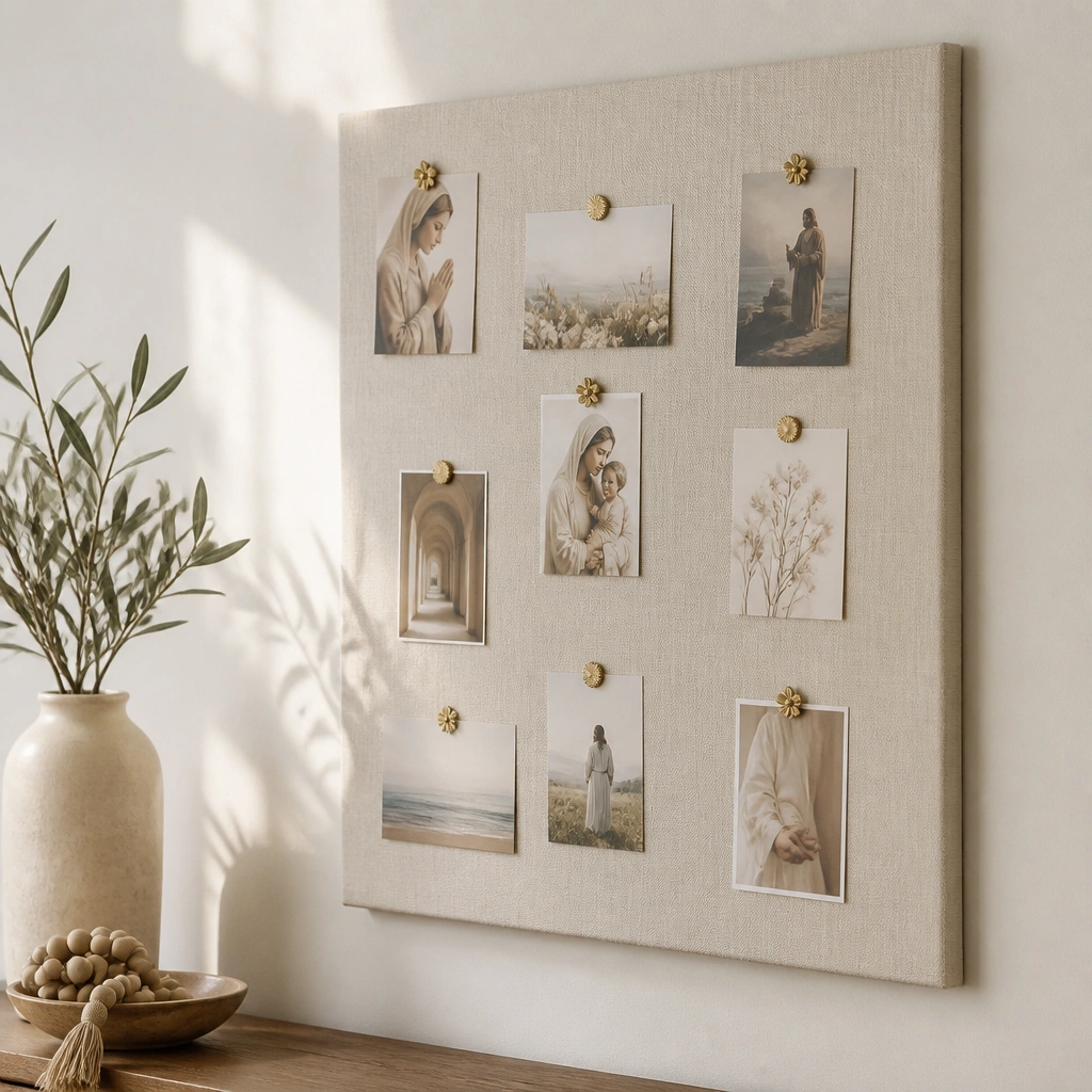 A soft linen fabric stretched over a lightweight frame. Prayer cards are pinned with small decorative pushpins. The frame is mounted using removable wall anchors.