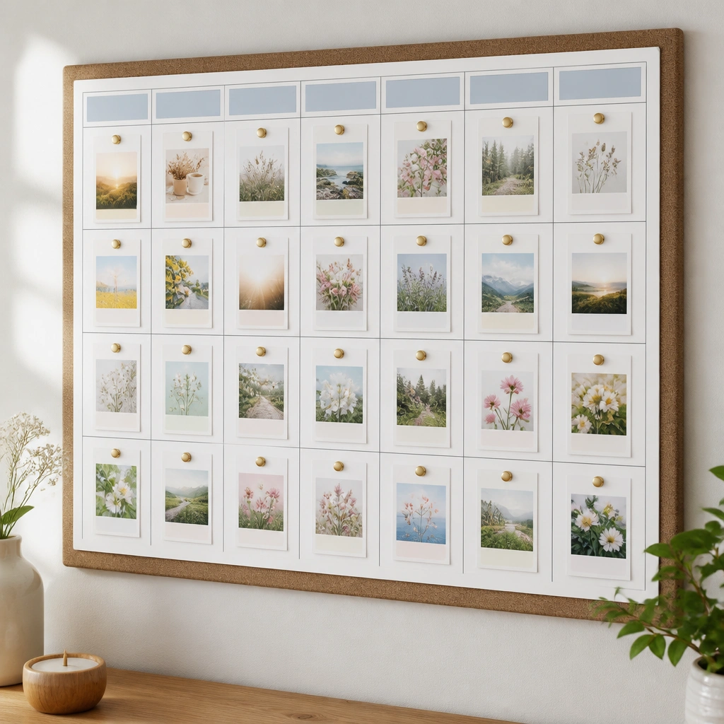 A white foam board panel with a printed grid labeled by days. Each square holds a laminated prayer card held by small brass pushpins. The panel is mounted on a cork backing board for stability.