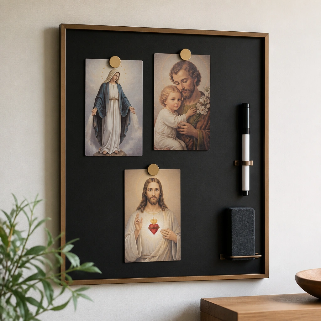 A thin picture frame with a magnetic sheet behind it. Inside, a few prayer cards are held flat by magnets. A tiny metal strip on the right holds a marker and eraser.