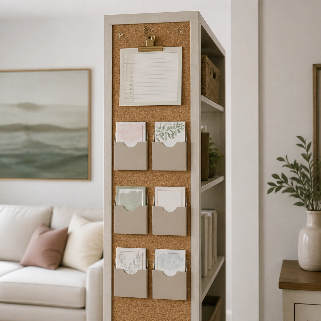 The back of a narrow bookshelf turned into a prayer board with a cork sheet and labeled mini folders. Prayer cards sit in the folders, and a small clip holds a weekly sheet.