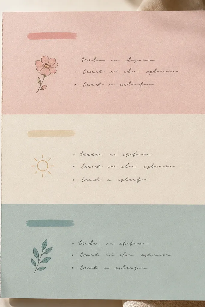 A page split into three horizontal color swatches (soft pink, cream, muted teal) with a small heading in each section. Handwritten notes sit under each swatch with tiny matching icons.