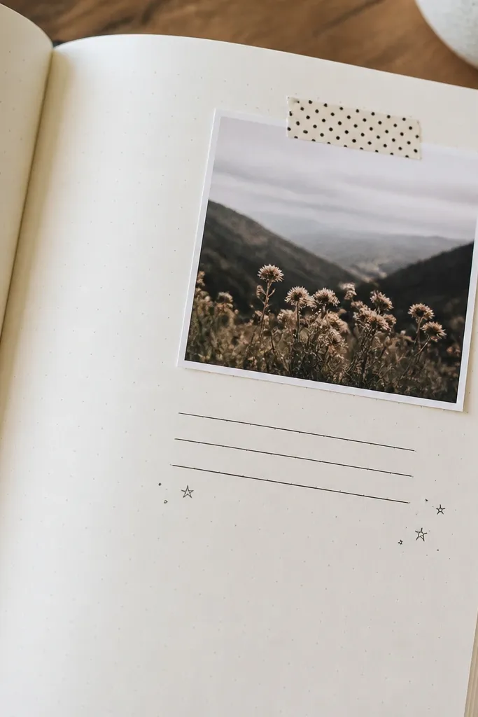 A diary page with a small printed photo tucked into the top right corner using washi tape. Two or three caption lines sit beneath the photo in a neat block, with a thin underline and tiny star doodles.