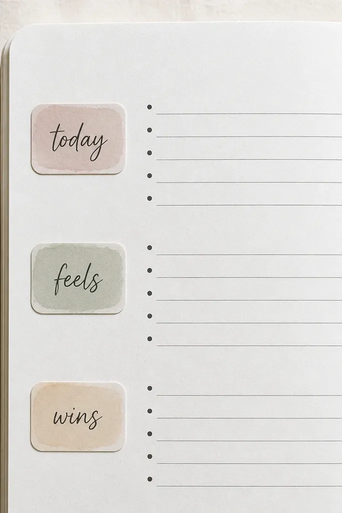 A page with multiple small sticker labels arranged in a tidy column, each with a handwritten category word like ‘today,’ ‘feels,’ and ‘wins.’ The rest of the page has clean bullet lines.