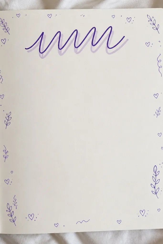A page with a large heading at the top written in gel pen, duplicated as a light shadow behind it. Small doodles (hearts, leaves, squiggles) fill the margins without covering the writing space.