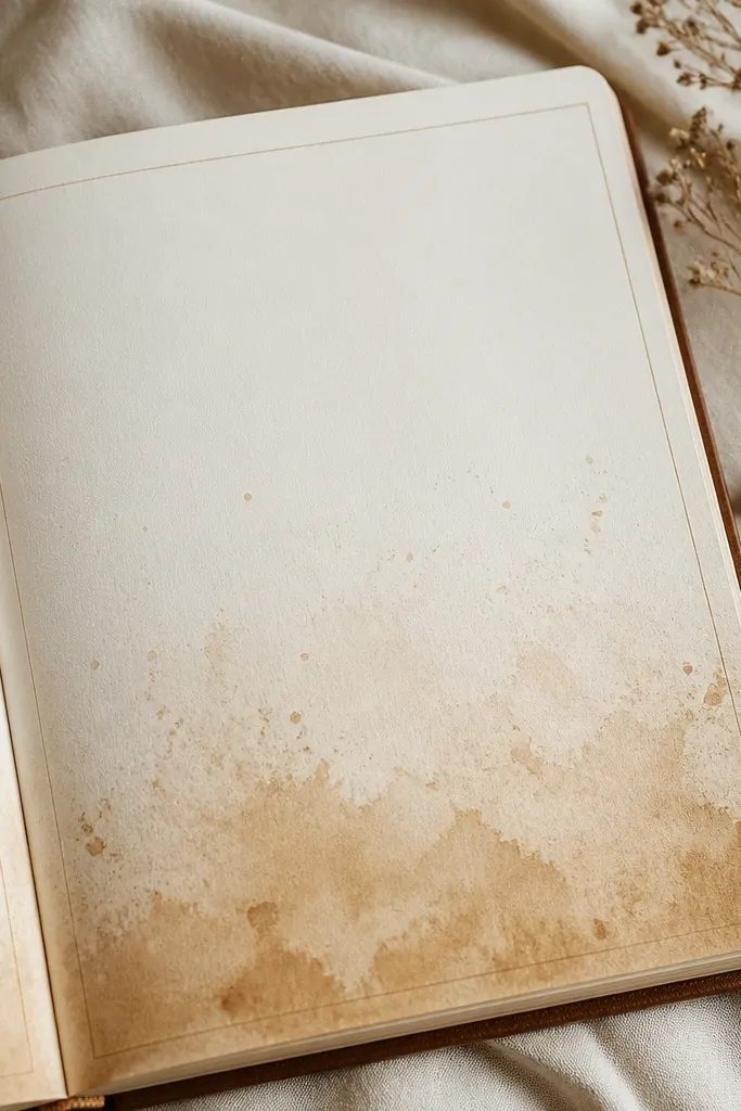 A diary page with a light brown watercolor wash at the bottom and faint coffee-stain speckles spreading upward. The text sits clearly in the clean top half with a small border line.