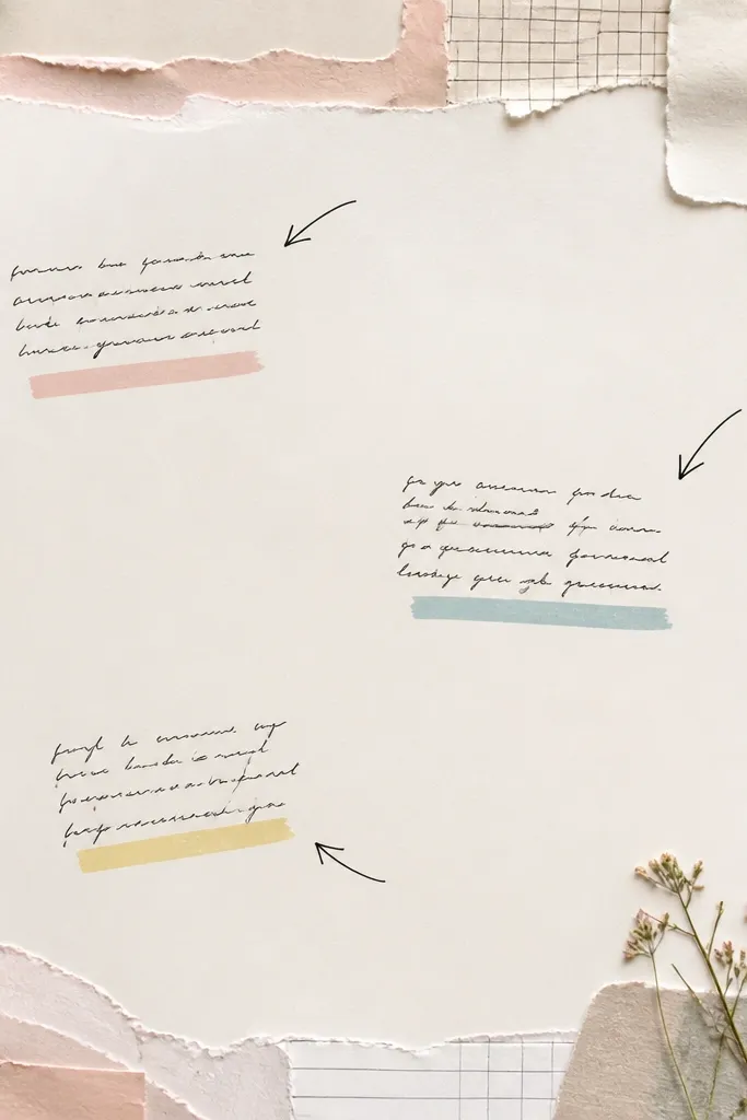 A page with a rectangular collage frame made of torn paper pieces in pastel colors. The center is left mostly blank except for a few handwritten paragraphs and simple arrows pointing to highlights.