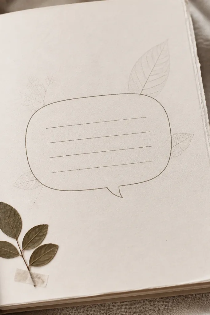 A page with a small pressed leaf glued in the bottom left corner. A rounded quote bubble sits near the center with handwritten text, and tiny leaf veins are visible around it.