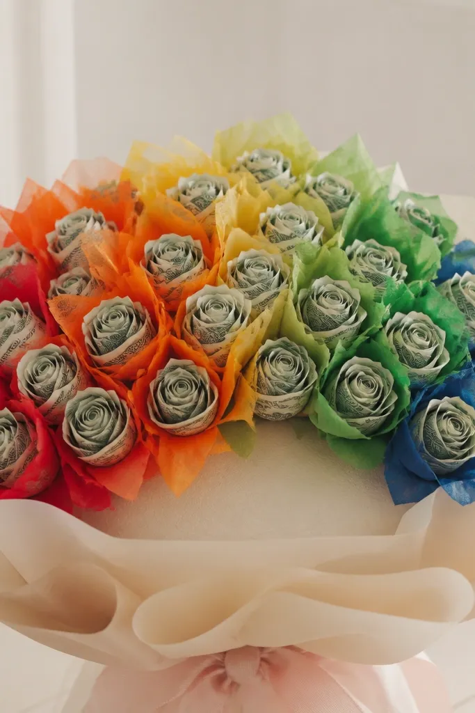 A bouquet featuring money flowers with tissue accents in red, orange, yellow, green, and blue, arranged in a rainbow arc around the foam base.