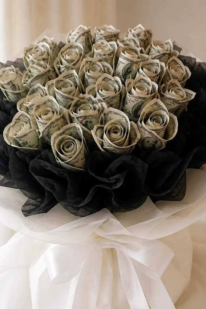 A bouquet with money flowers in a neat cluster, paired with black tissue puffs and white ribbon wrapping around the foam base.