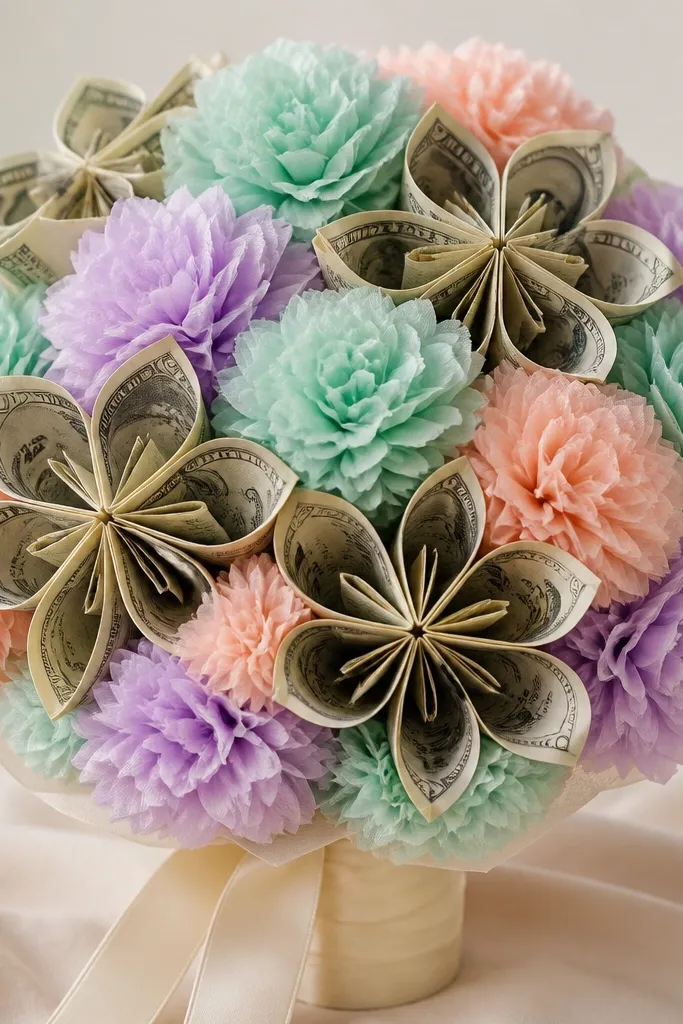 Pastel tissue puffs in mint, lavender, and peach fill the spaces between money flowers, with a light cream ribbon wrap on the handle.