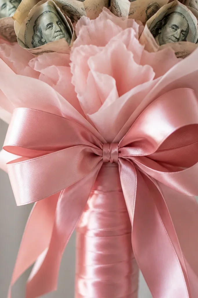 A close-up of the bouquet handle wrapped in pink ribbon with a large layered bow, while money flowers and tissue puffs peek above.