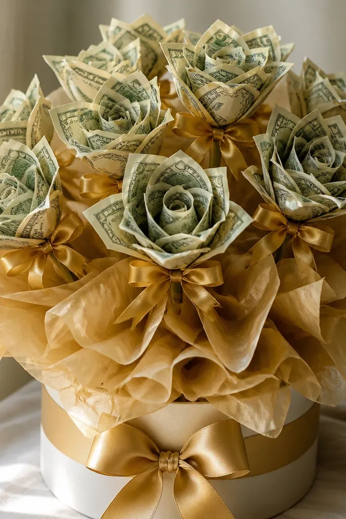 Money flowers with gold ribbon ties at the base of each blossom and gold-toned tissue puffs around the foam.