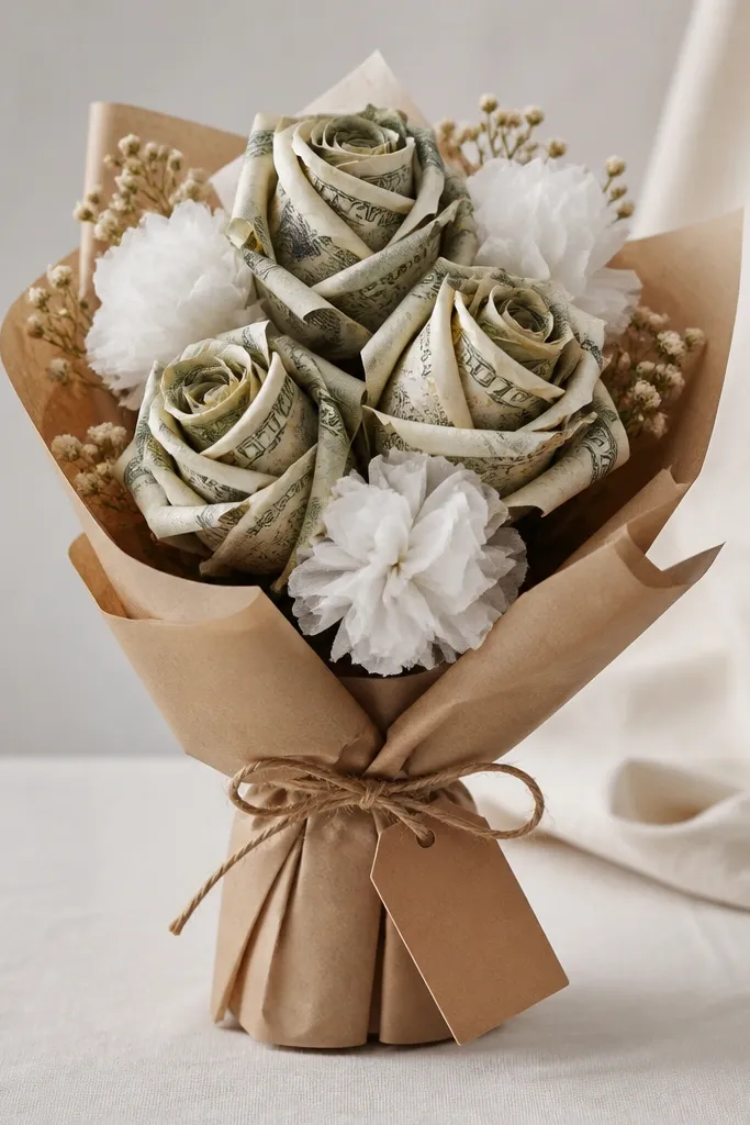 A compact bouquet with 4 money flowers and small white tissue puffs, wrapped neatly with thin twine and a simple tag.