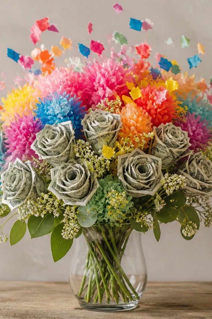 A bouquet where tissue puffs look like confetti bursts around the money flowers, with bright colors concentrated near the top.