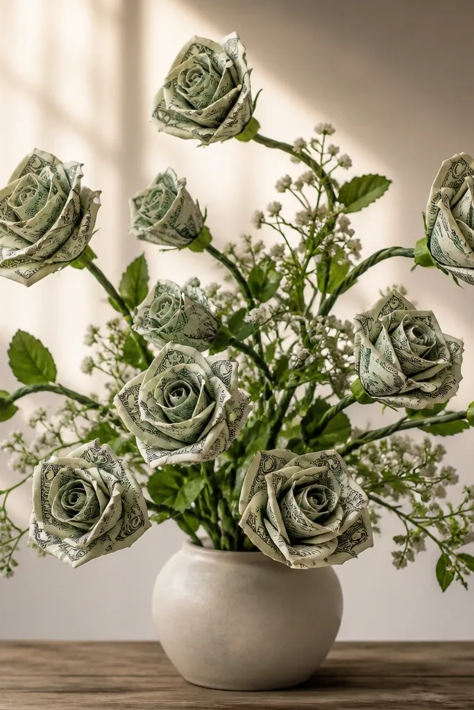 Money flowers mounted on stems that are slightly twisted and angled, creating a more dynamic, swirling bouquet shape.