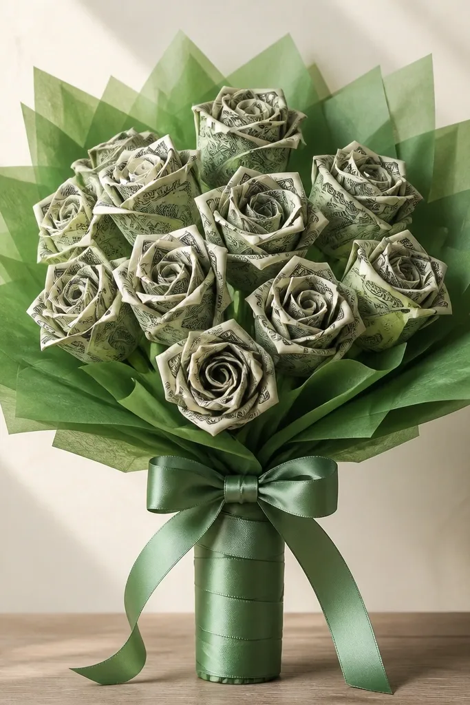 Green tissue strips layered like leaves behind the money flowers, with a green-toned ribbon wrap around the handle.